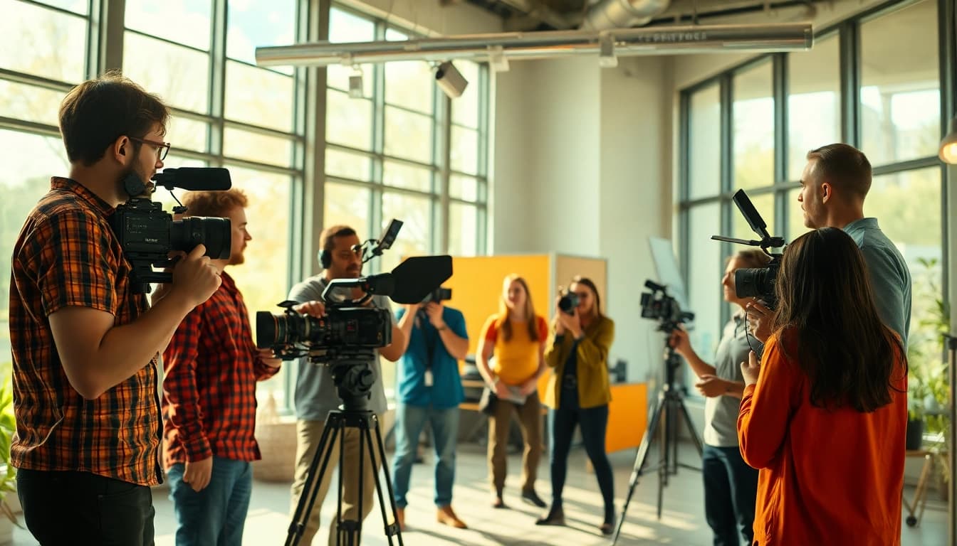 Video production agency team collaborating on an exciting filming project indoors.