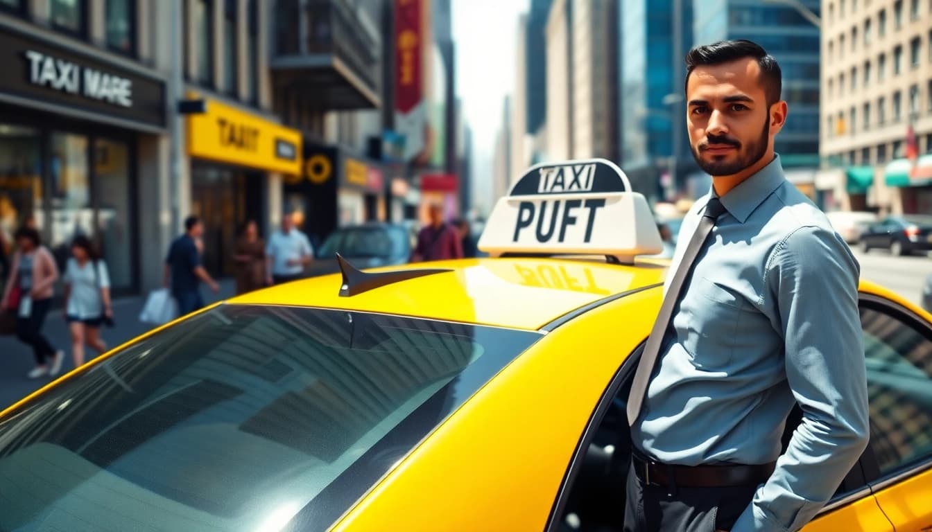 Taxis navigating through a lively city street with a professional driver standing proudly by a yellow vehicle.