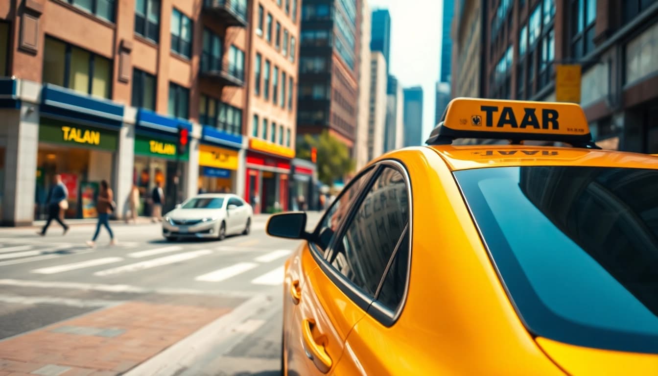 Taxi driving through a bustling city street highlighting urban life