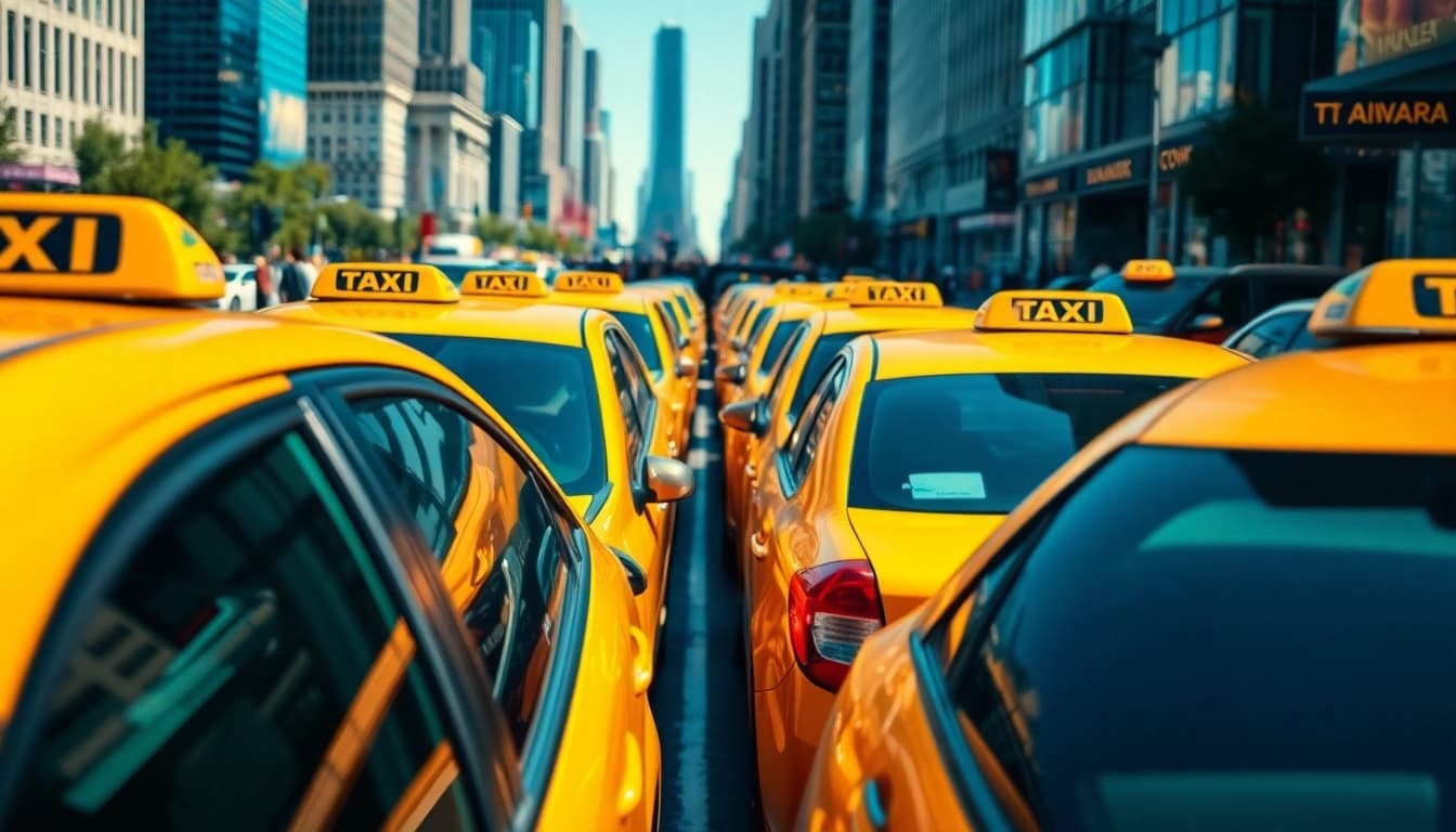 Taxis lined up in a bustling urban environment, showcasing vibrant colors and inviting energy.