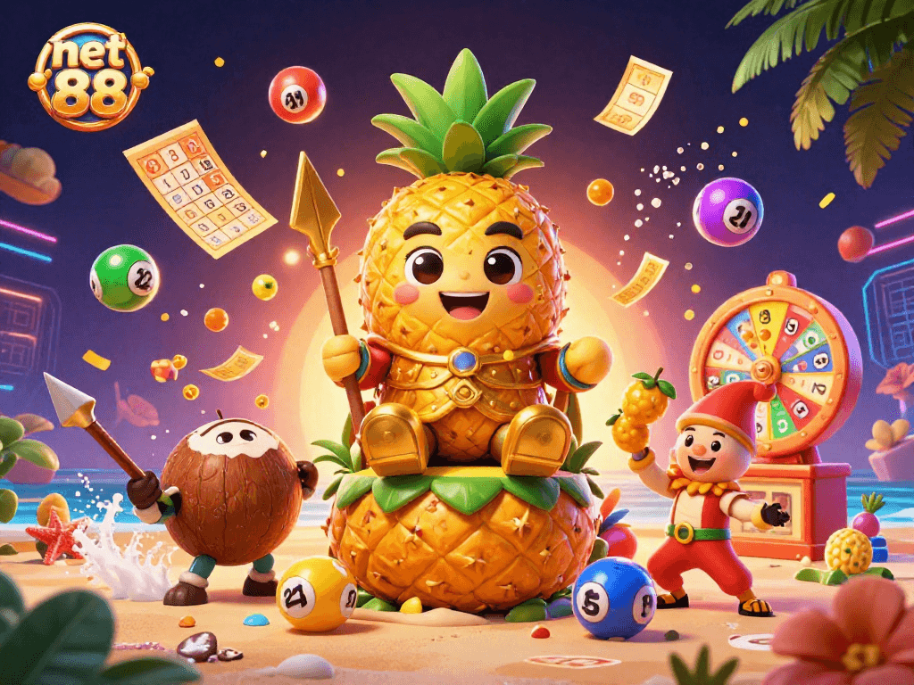 Join the fun at net 88 with the pineapple king in a vibrant casino atmosphere!