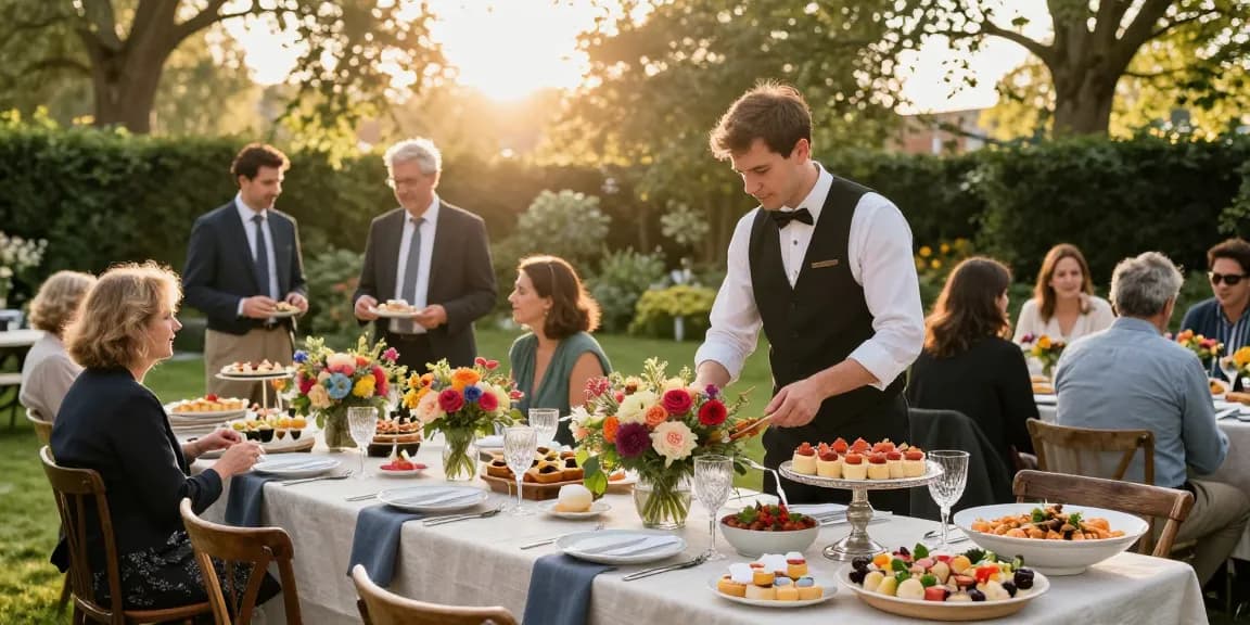 Catering Hire London setup featuring elegant outdoor buffet arrangement with gourmet dishes and floral decor.