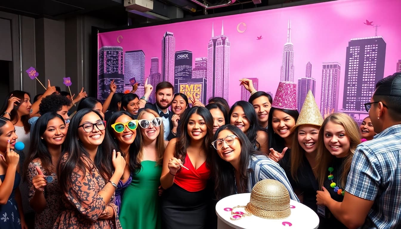 Crowd enjoying a festive photo booth rental chicago filled with colorful props and city backdrop.