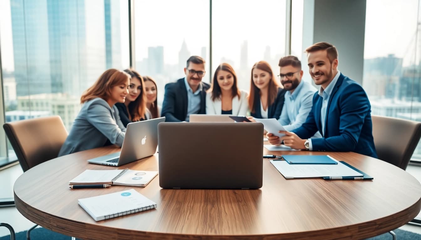 Business meeting showcasing collaboration between companies in a modern setting.