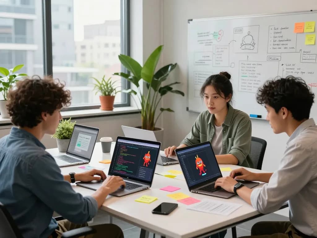 Dynamic development team creating spicy AI chatbot characters in a vibrant workspace.