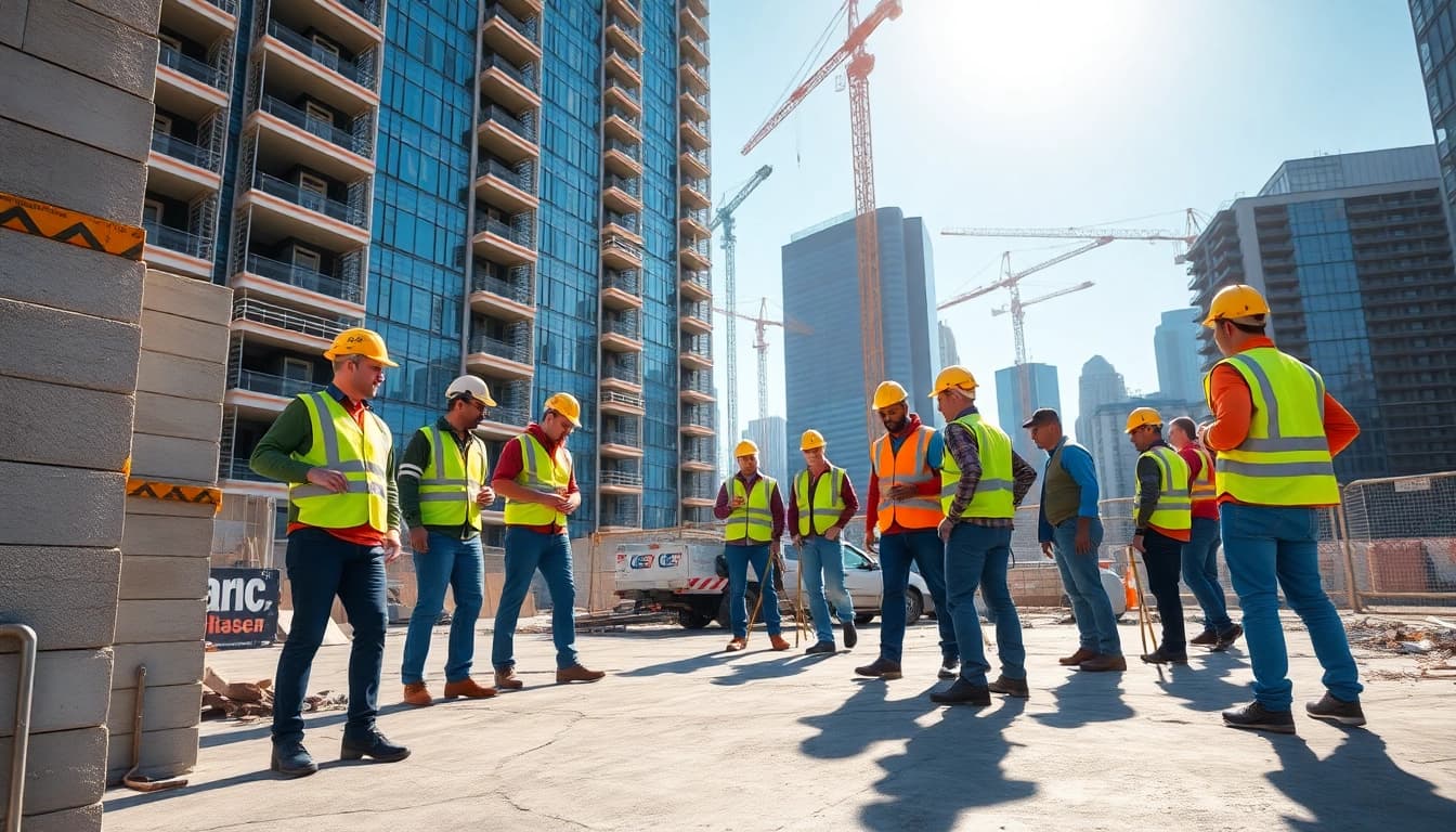New York City General Contractor team working collaboratively at a busy construction site.