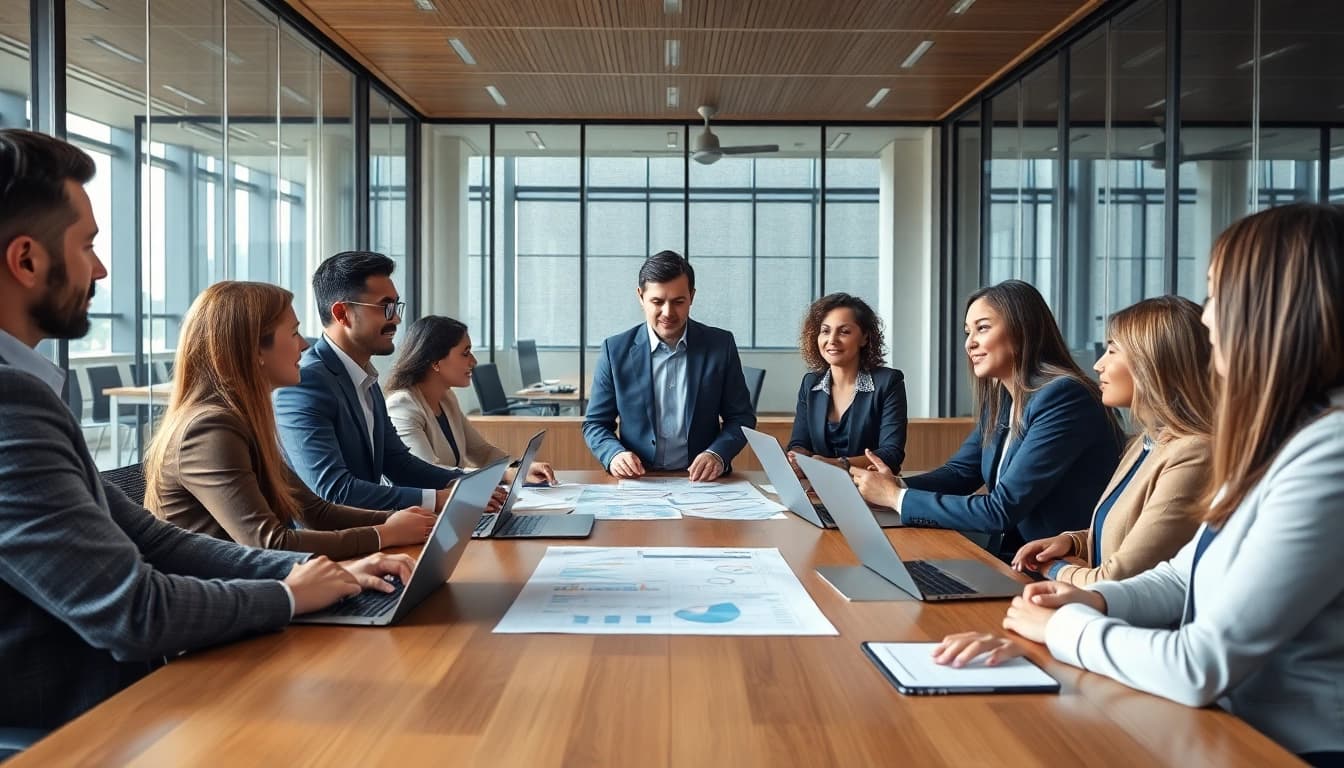 Leading companies collaborating in a vibrant office meeting.