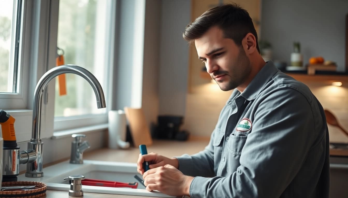 Find a trusted plumber near me fixing a modern kitchen sink with precision.