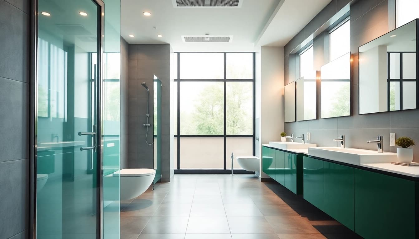 Stylish commercial washroom refurbishment showcasing modern design features in a professional workspace.