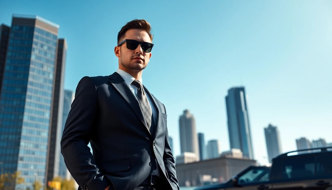 Bodyguard Service providing professional security with a vigilant guard in an urban setting.