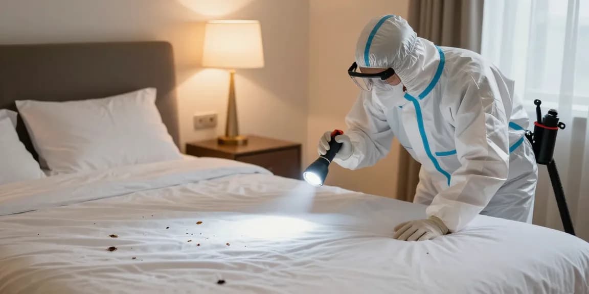 bed bug exterminator inspecting for signs of infestation in a Milwaukee bedroom, showcasing expert pest control.