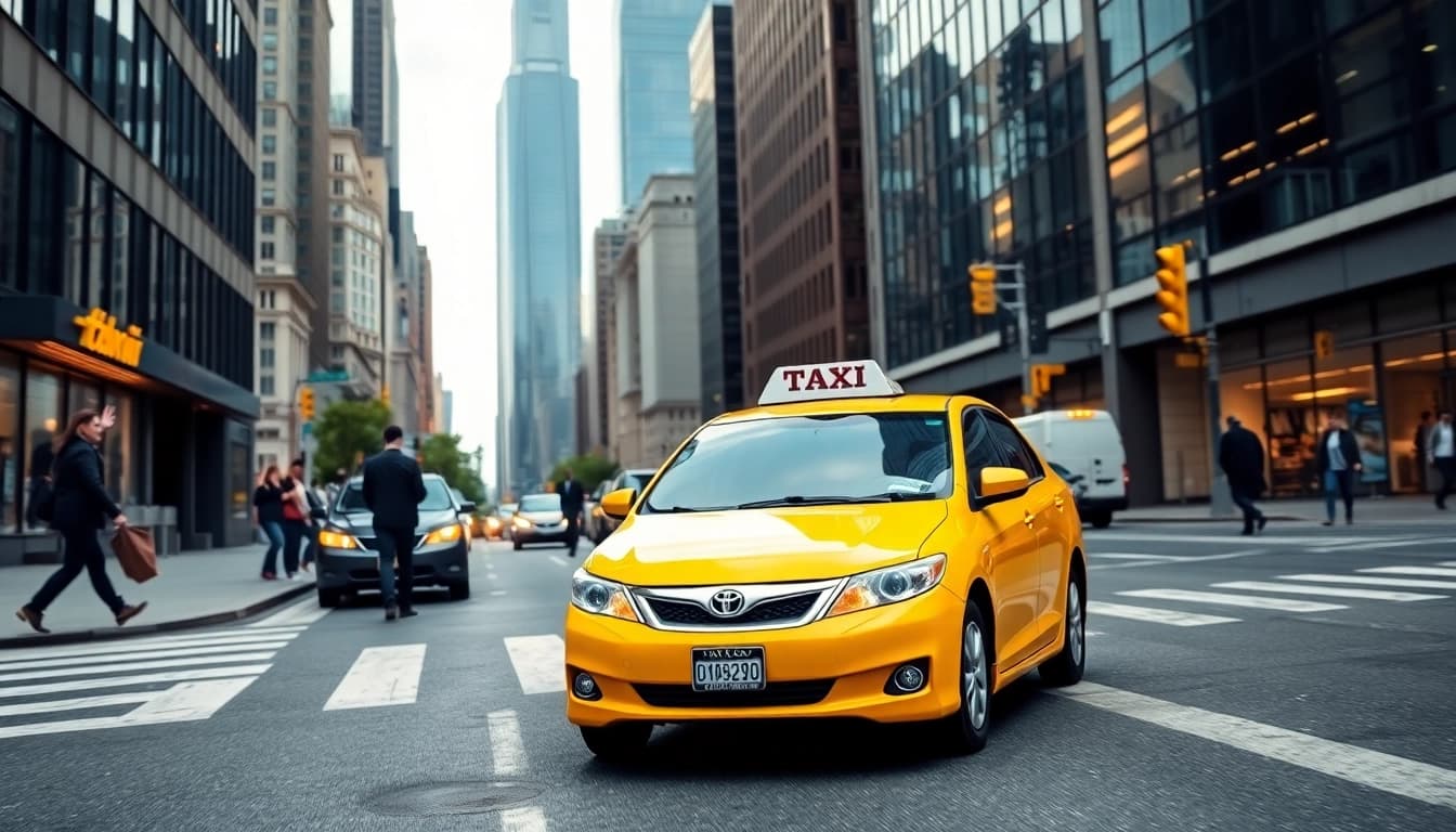 Catch a glimpse of busy taxis navigating the city streets in this vibrant urban scene.