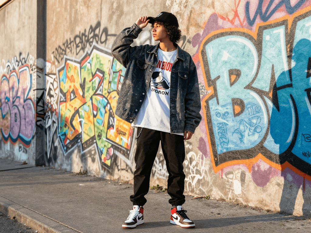 Wearing stylish streetwear, ai slut fashion expression against graffiti.