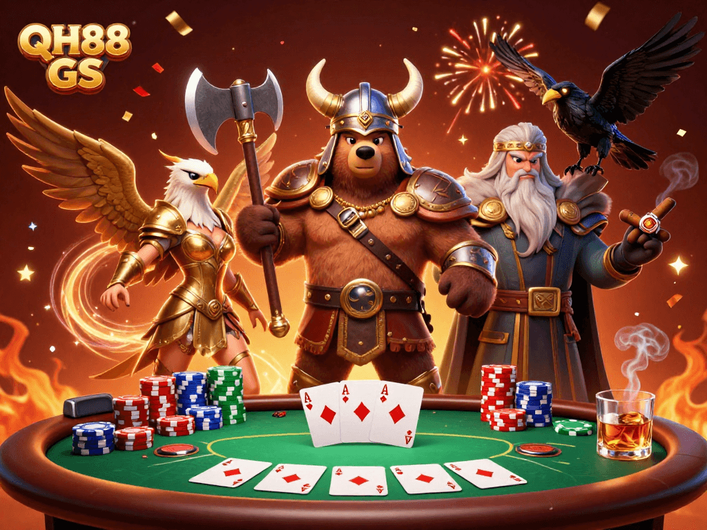 Experience the thrill of poker with QH88 GS featuring epic characters and dynamic gameplay elements.