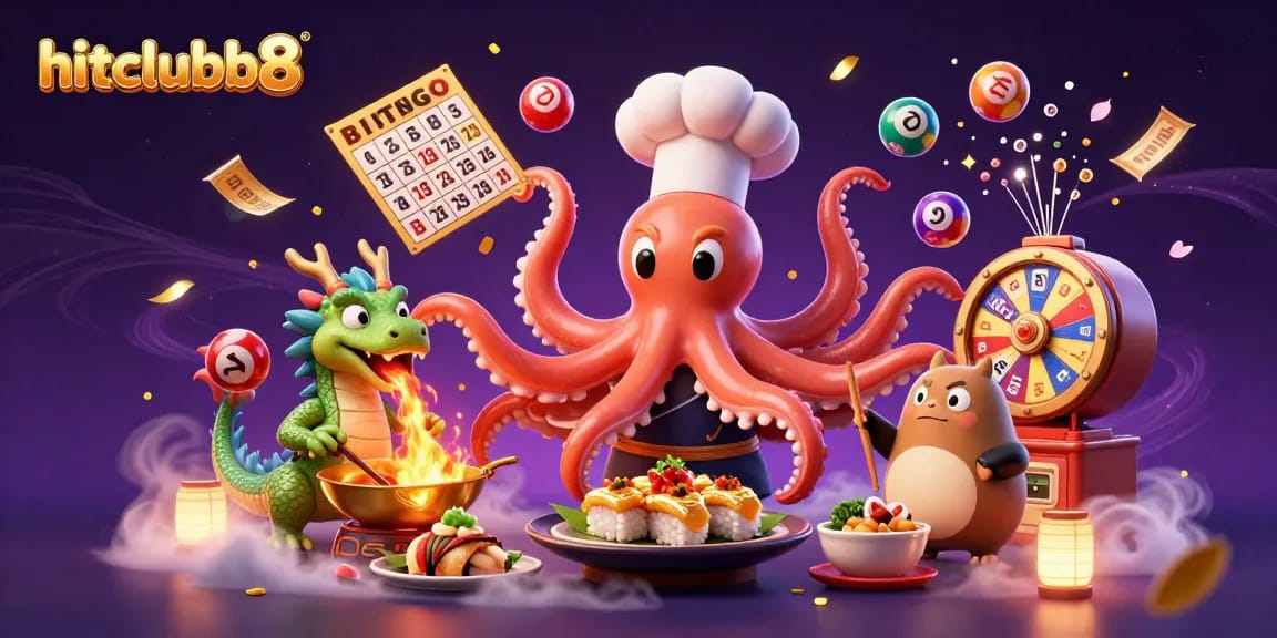 Witness the sushi chef octopus creating winning dishes in hitclubb8's vibrant casino scene filled with dynamic lottery elements.