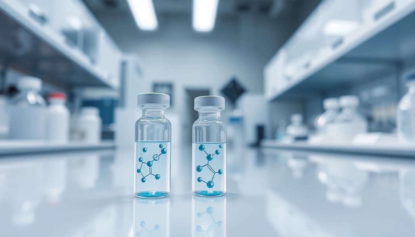 Showcasing peptides in a laboratory setting with detailed structures and vials.