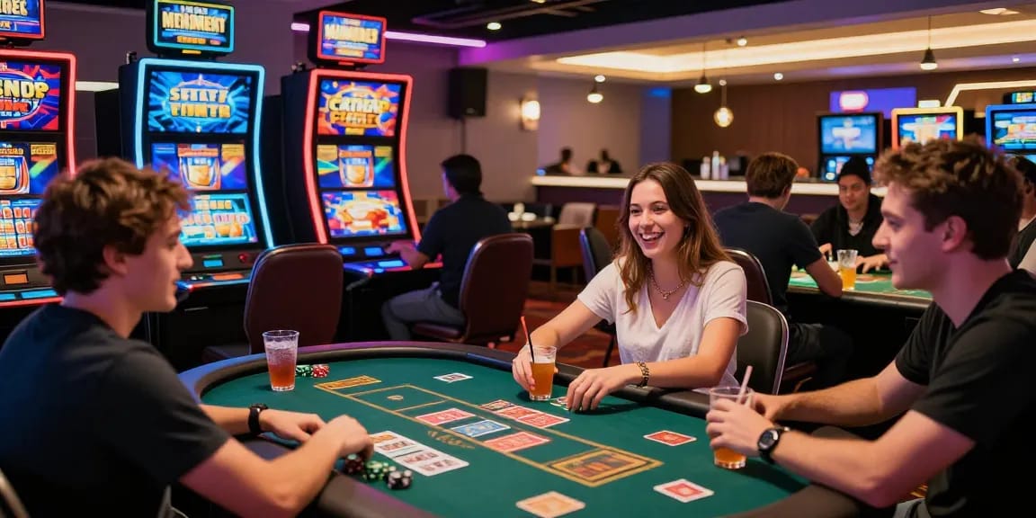 Exciting gaming atmosphere at a non uk casino with diverse players enjoying live dealers and vibrant slot machines.