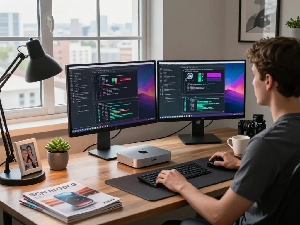 User working with a Mac Mini in a modern home office setup.