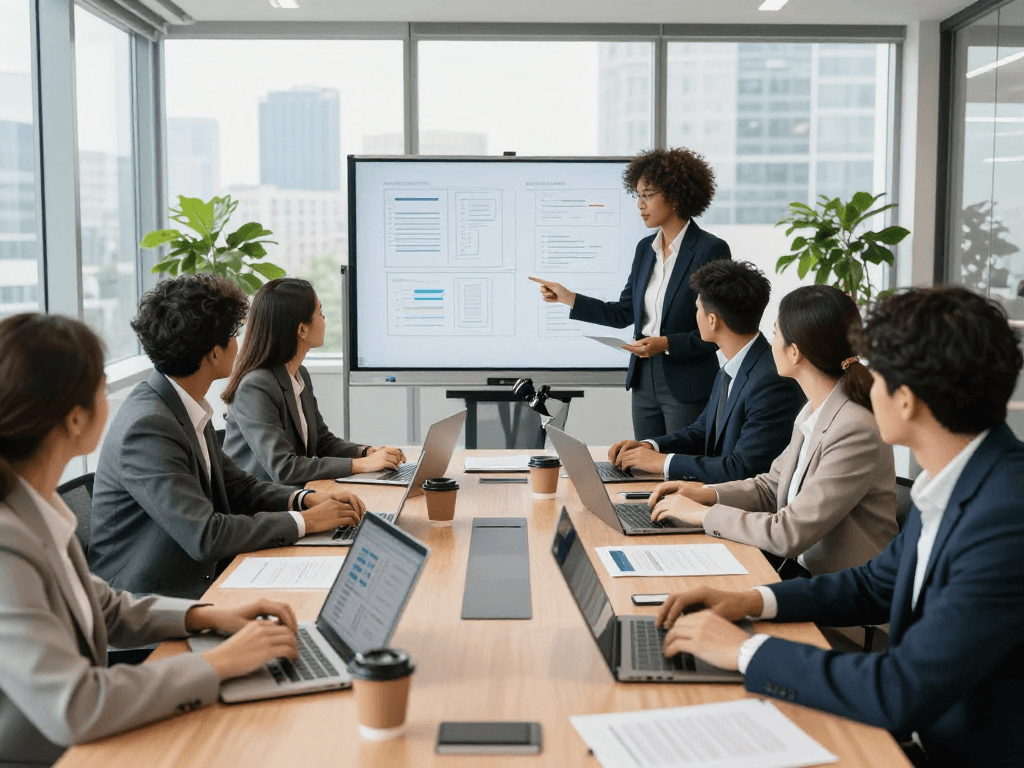 Companies collaborating in a modern office with strategic plans and data.
