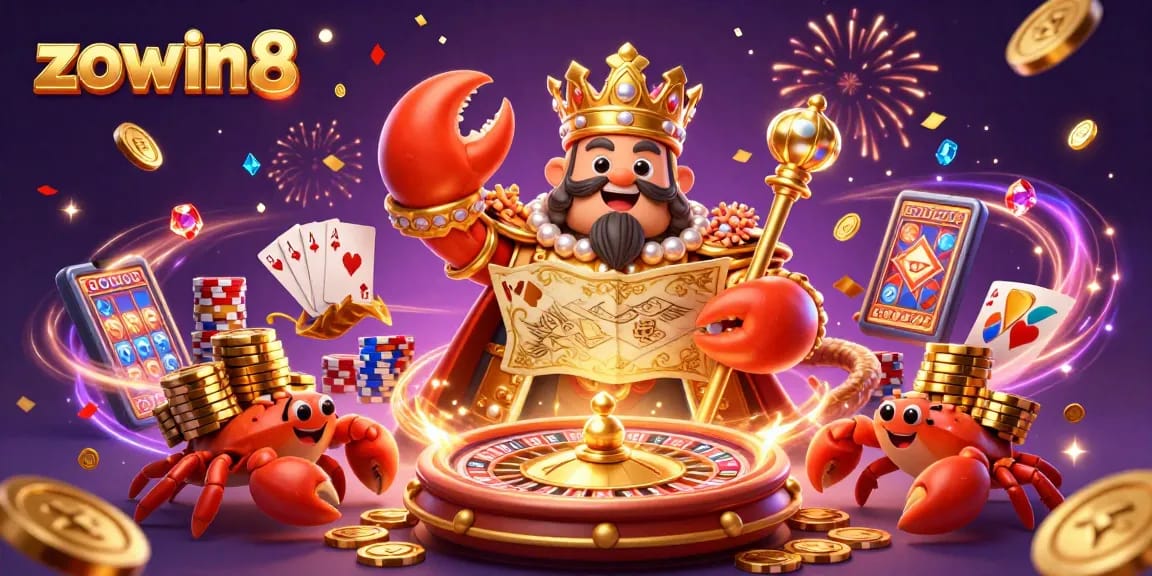 Zowin8 showcases an epic gambling scene with a golden crab emperor, vibrant casino elements, and dynamic energy.