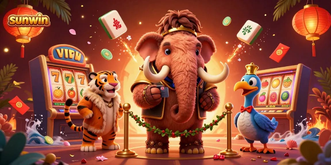 Experience excitement with sunwin's 3D illustration of a mammoth bouncer at a vibrant casino scene.