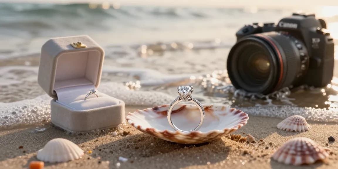 Captivating lab grown diamond engagement ring UK showcased on a seashell against a coastal background.