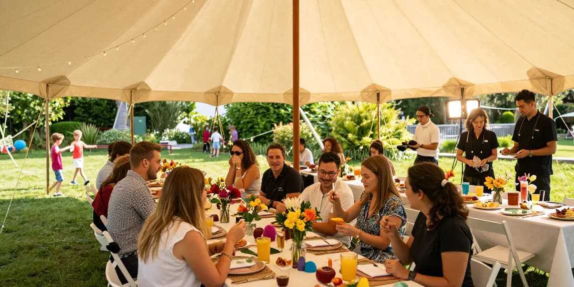 Guests celebrating under a marquee from www.marqueehire.london in a vibrant outdoor setting with colorful decorations.