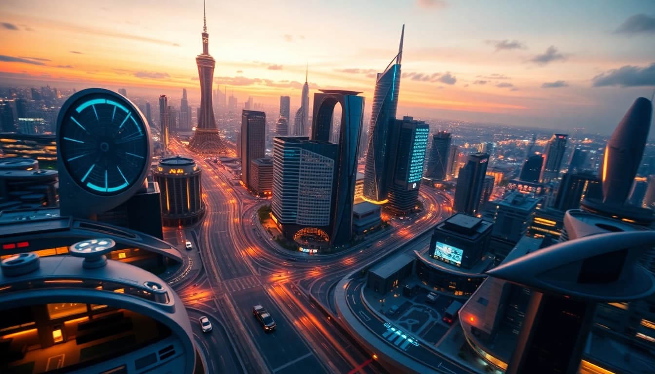 An innovative aerial view of a futuristic city representing the essence of https://rr9935.com/ with vibrant technology and architecture.