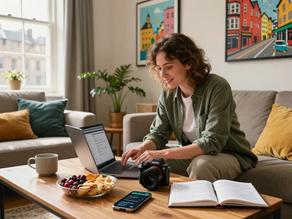 Airbnb management Edinburgh showcased with a professional host managing listings in a cozy living room.