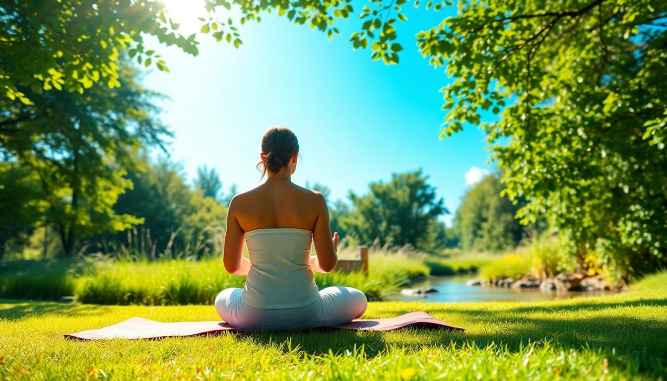 Meditating individual promoting mental wellness in a serene outdoor environment.