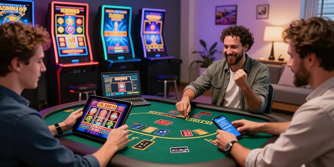 Online casino players enjoying games with credit cards at https://gdsap.org.uk, featuring vibrant slot machines and live games.