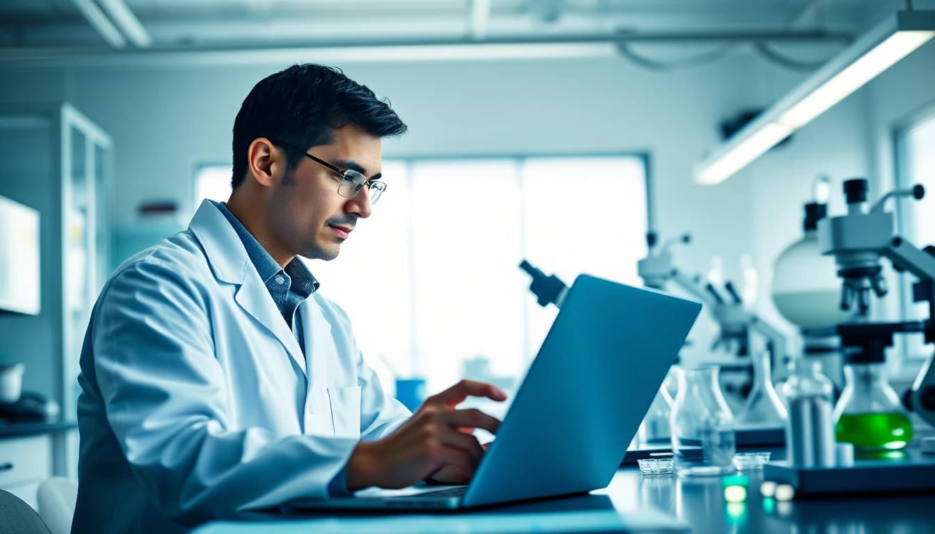 Scientist examining data on the impact of Retatrutide in a laboratory environment.