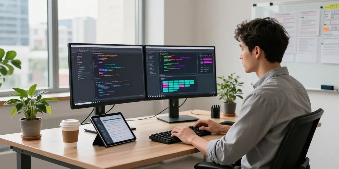 Innovative tech workspace with a developer coding and analyzing ia +18 applications, bright office setting.