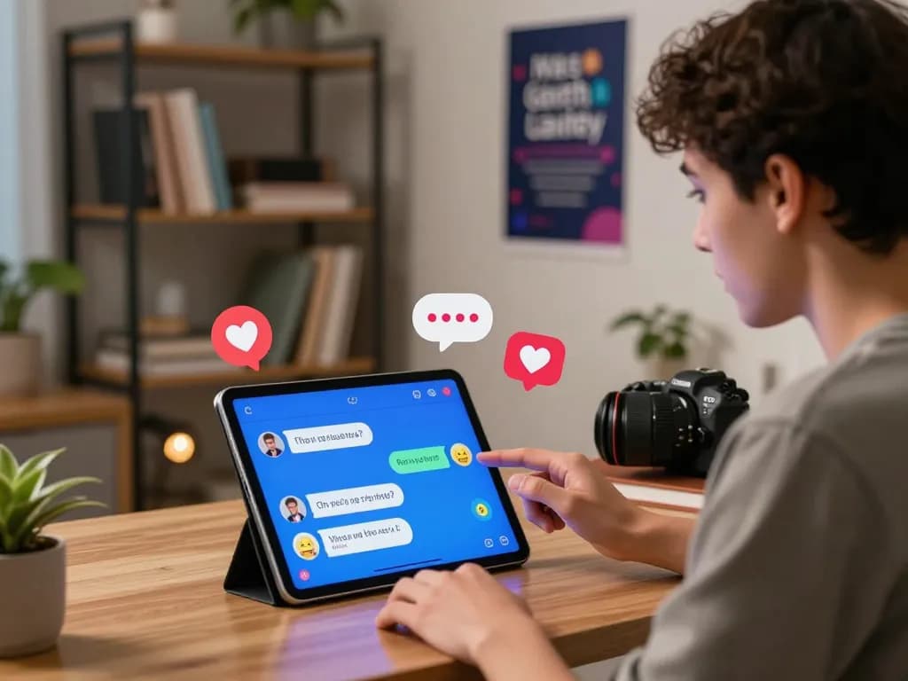 Engaging chat session on Crush on AI platform with virtual character in a cozy home office setting.