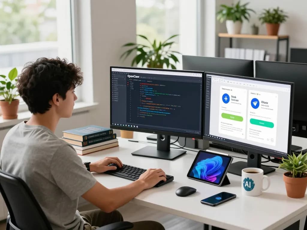Developer using OpenClaw AI personal assistant in a vibrant tech workspace with multiple screens.
