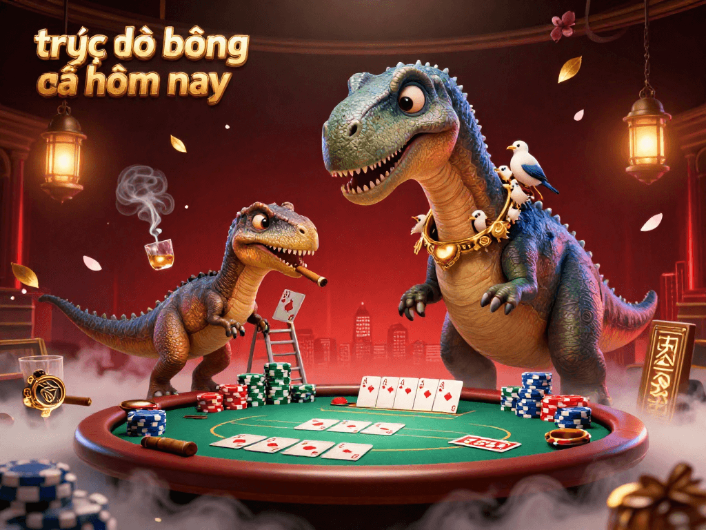 Experience trực tiếp bóng đá hôm nay with an epic 3D scene featuring a brontosaurus, raptor, and vibrant poker elements.