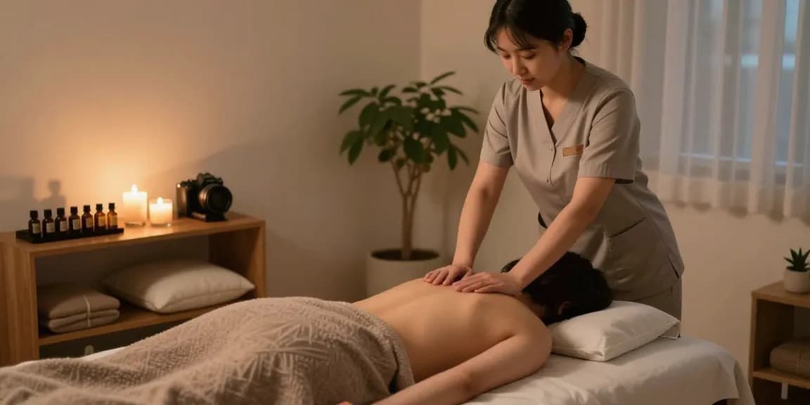 중랑구출장마사지 in a serene living room with professional masseuse and calming ambiance.