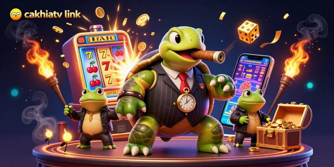 Cakhiatv link showcases energetic casino excitement with characters and dynamic game elements.