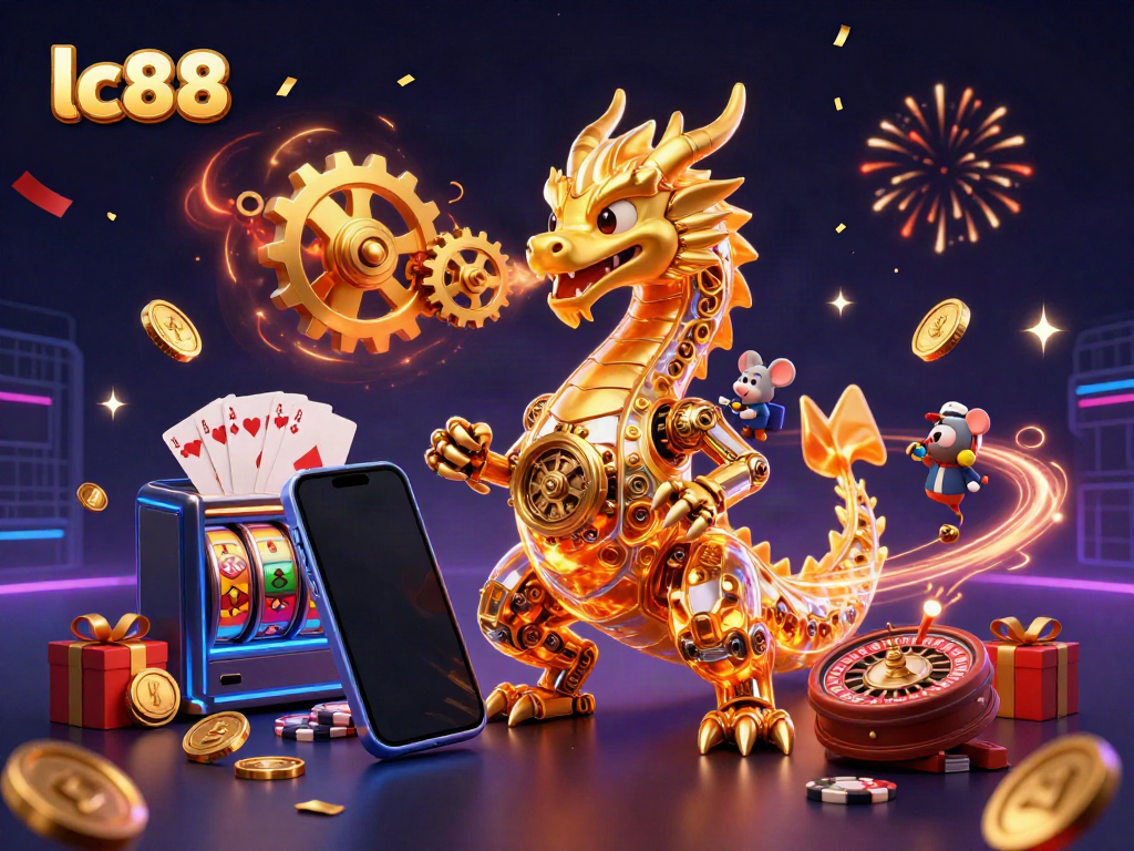 Engage with the thrilling lc88 gaming scene of a golden dragon and mouse engineer amidst casino elements.