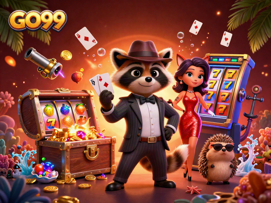 Play slots and win big with GO99's engaging casino experience featuring raccoon, fox, and hedgehog.