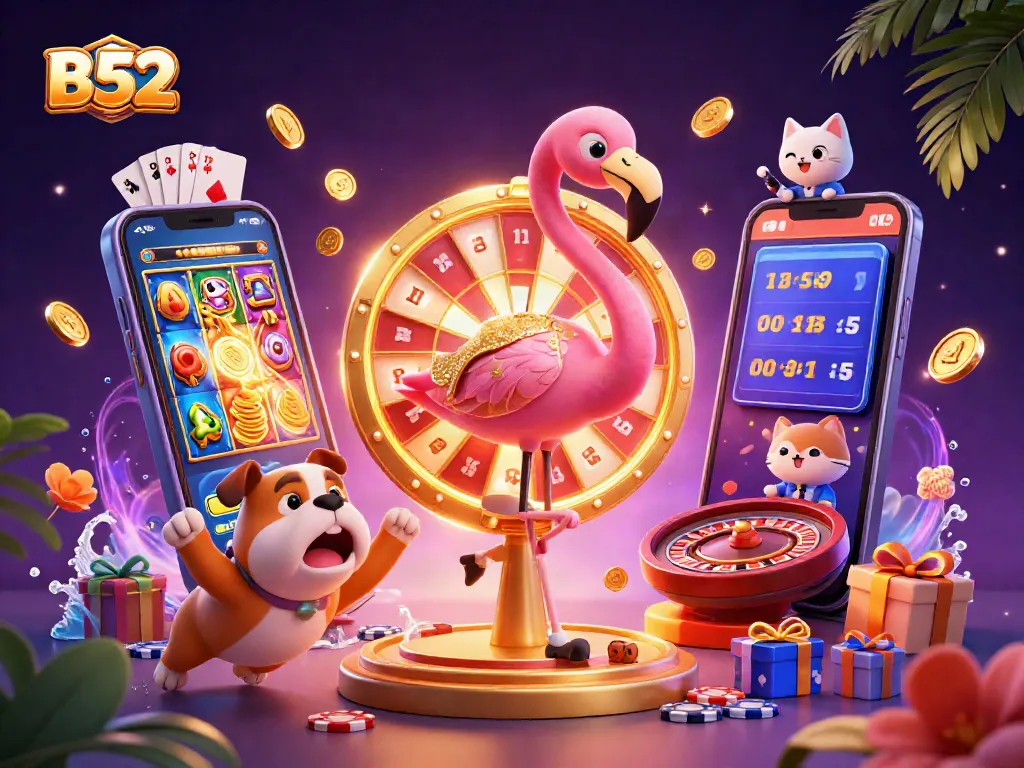 B52 enhances online gaming excitement with vibrant characters and casino elements in a playful atmosphere.