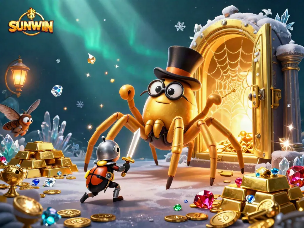 SUNWIN brings excitement with a golden tarantula weaving treasures in a dynamic casino scene.