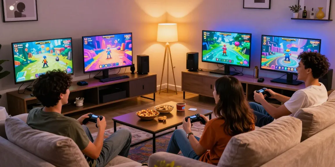 Group of friends enjoying a porn game online in a cozy living room.