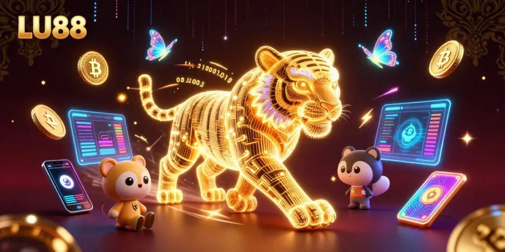 Experience thrilling gameplay at LU88, featuring a neon wireframe tiger in a digital casino.