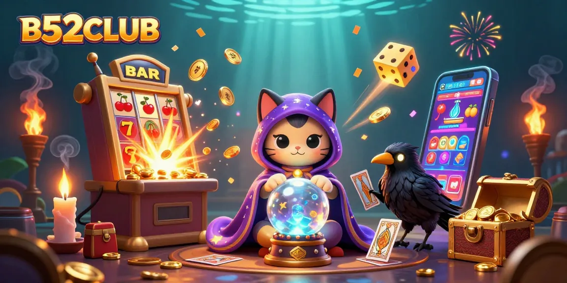 B52CLUB showcases a vibrant 3D scene with mystical characters and casino elements, capturing excitement in gaming.