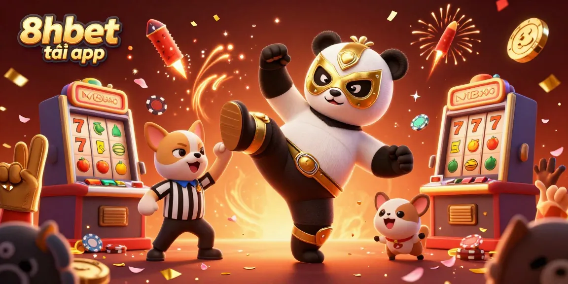 Experience thrilling action with 8xbet tải app in a vibrant scene featuring a panda wrestler and more.
