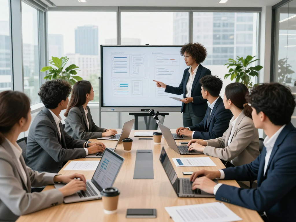 Companies collaborating in a modern office with strategic plans and data.