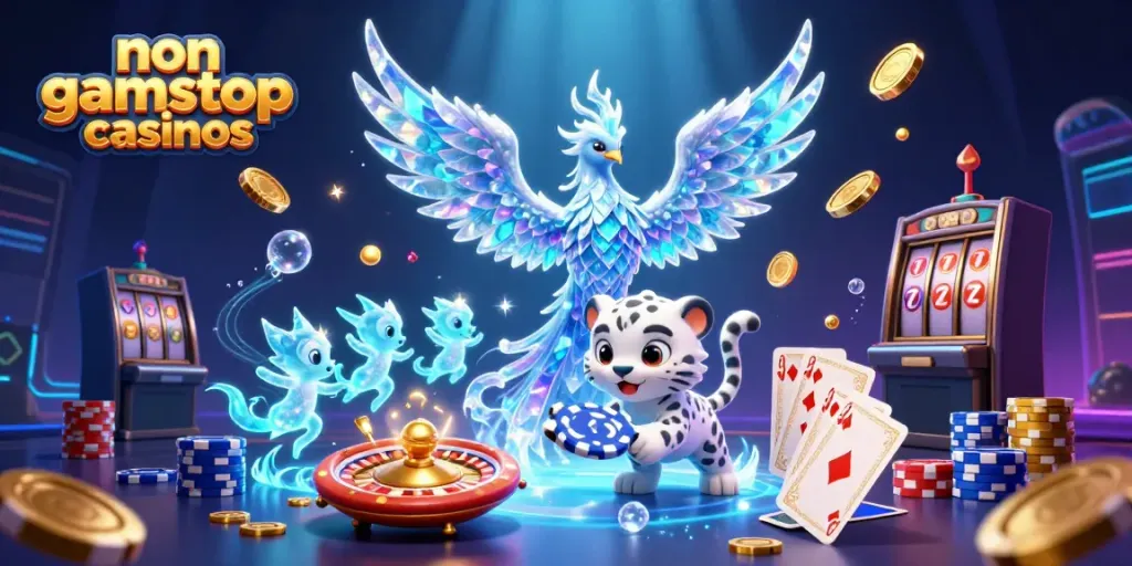 Experience non gamstop casinos in this vibrant 3D scene with gaming elements and magical characters.
