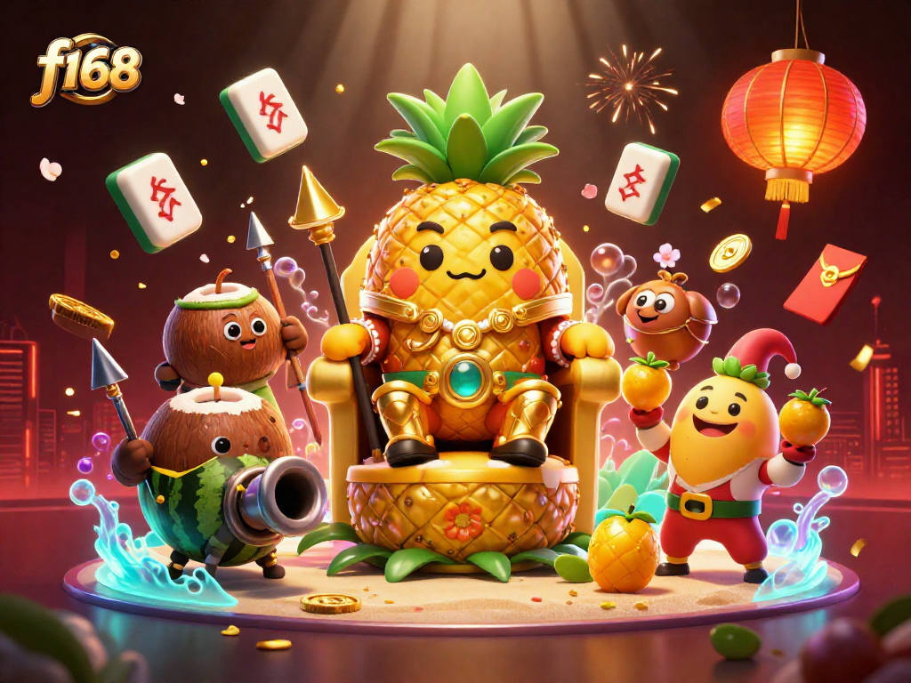 Play at f168 with vibrant 3D casino graphics showcasing a golden pineapple king and fun game elements.