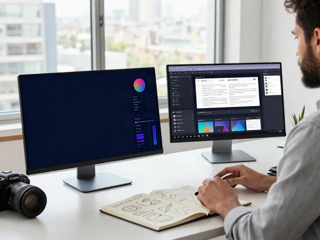Content strategist optimizing instant indexing strategies in a modern workspace with dual monitors and city view.